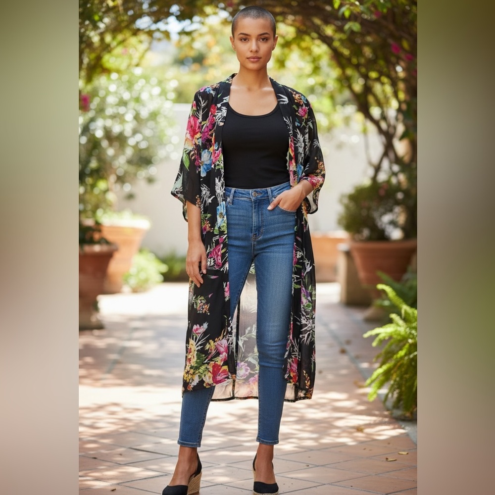 Jorja black floral kimono maxi sheer duster size  L  resort wear beach coverup